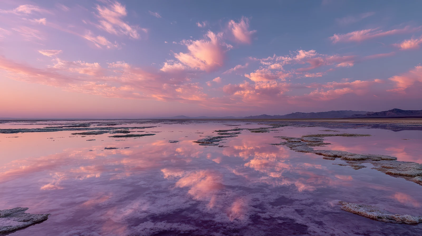 A still winter lake reflecting a pink dusk sky, for Numminen Advisory AI for finance services