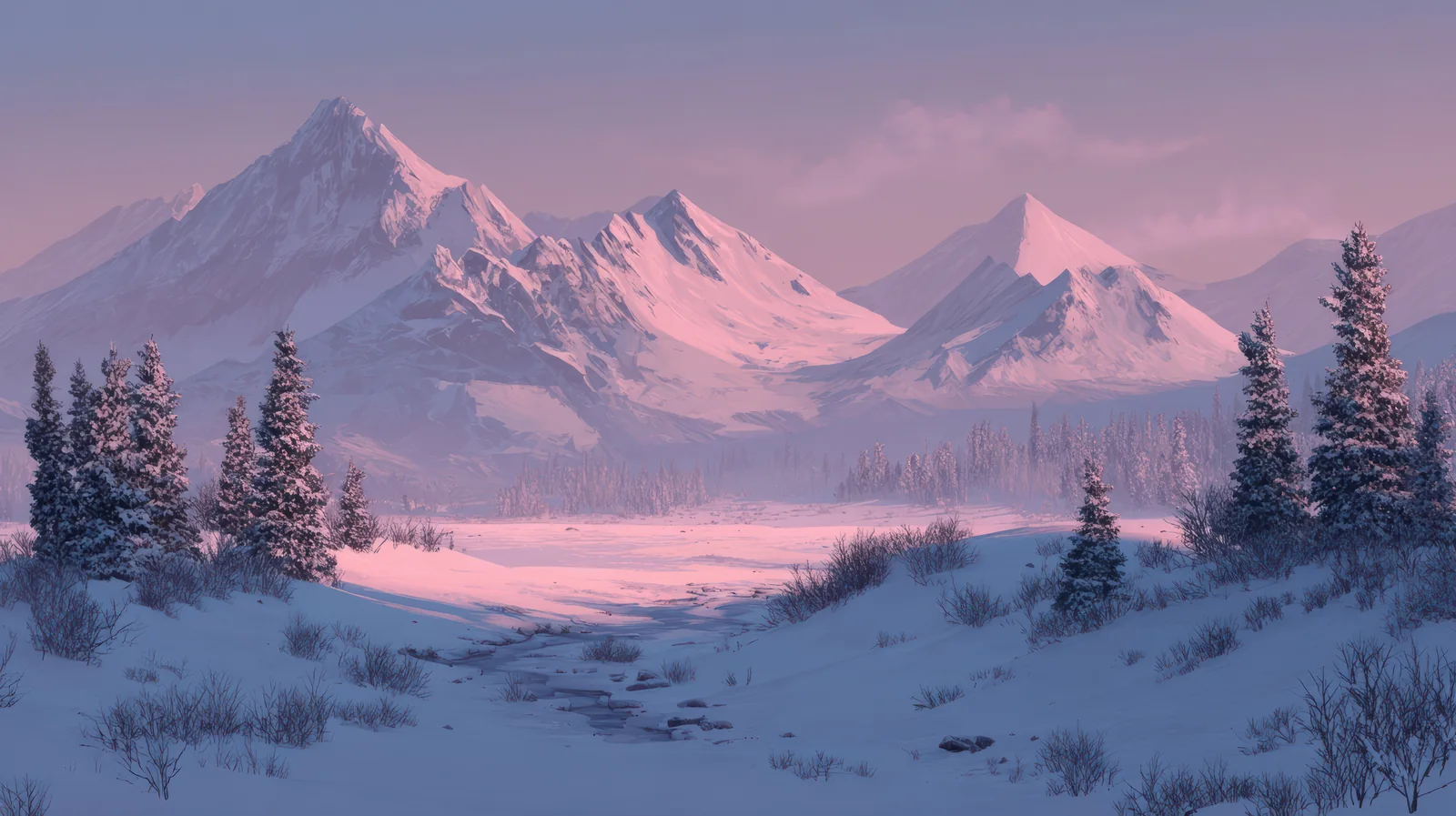 A snowy mountain range at sunrise with frosted pines, for Numminen Advisory audit readiness services